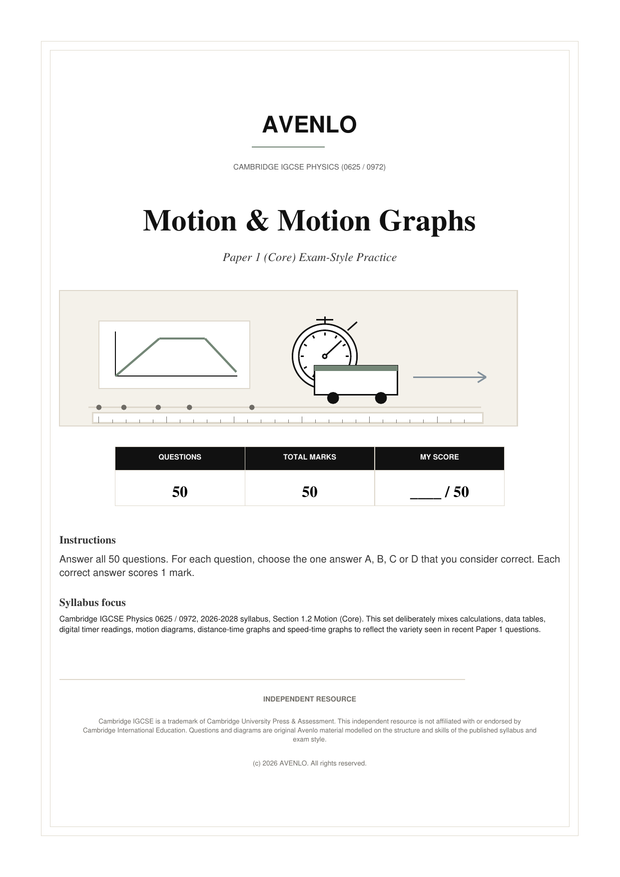 CIE IGCSE Physics: Motion & Motion Graphs — Paper 1 Worksheet & Answers cover