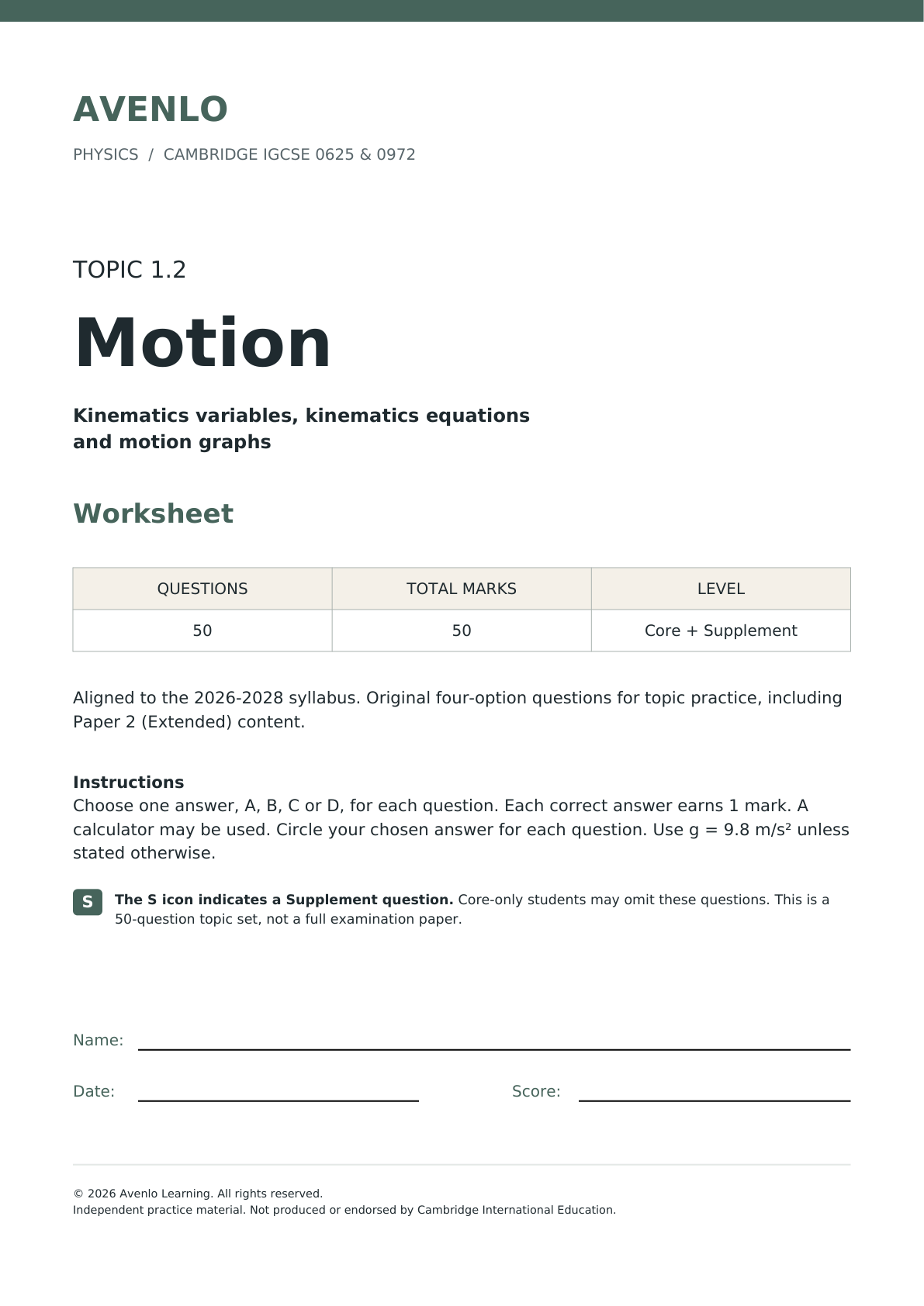 CIE IGCSE Physics: 1.2 Motion - Multiple Choice Questions cover