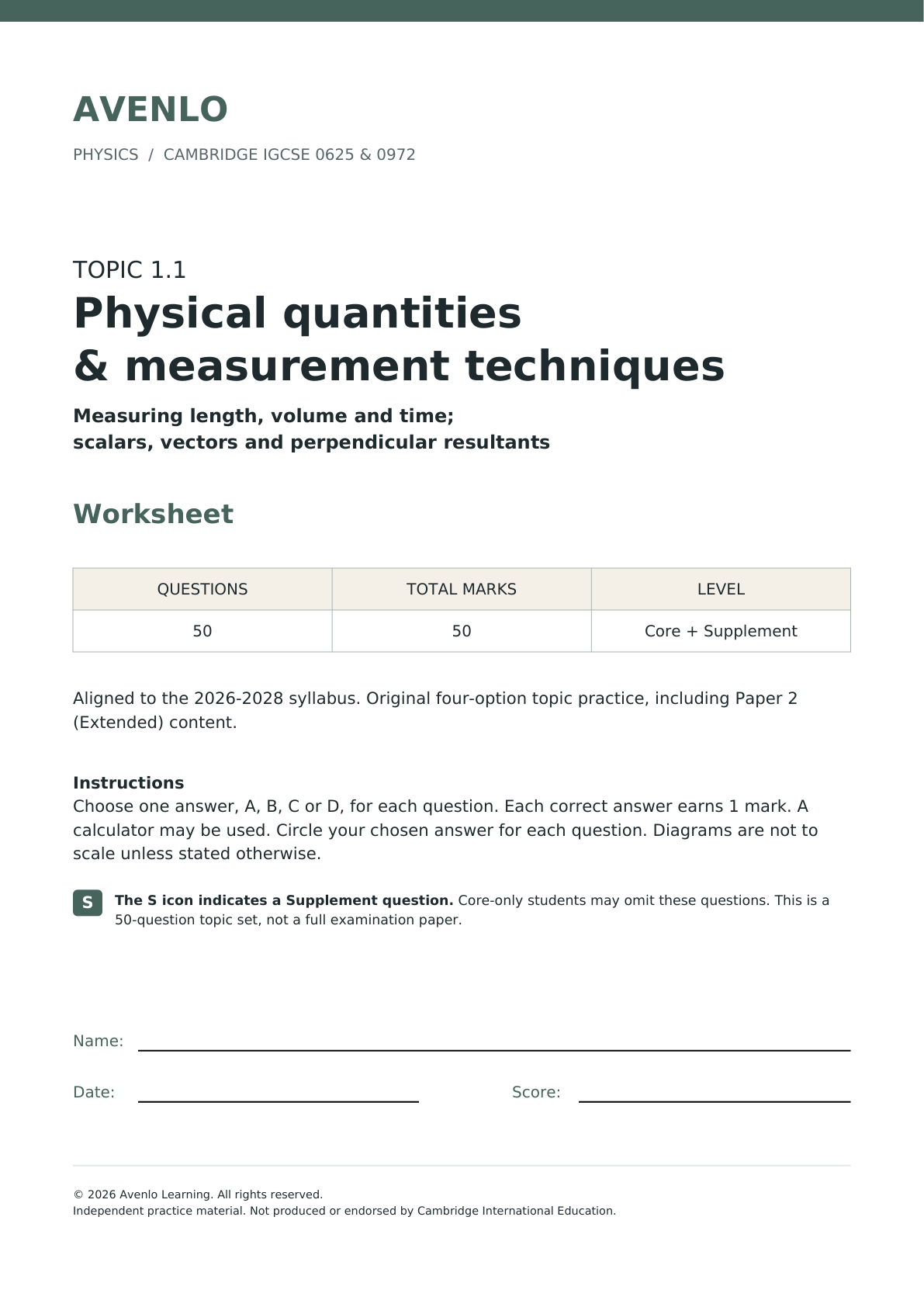 CIE IGCSE Physics: 1.1 Physical Quantities and Measurement Techniques – Multiple Choice Questions cover