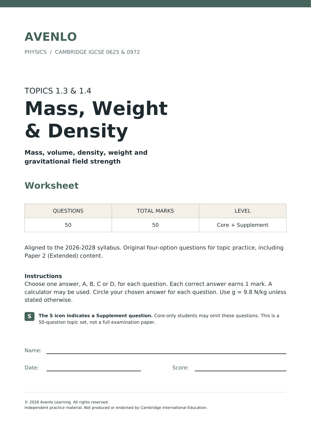 CIE IGCSE Physics: 1.3 Mass and Weight & 1.4 Density - Multiple Choice Questions cover