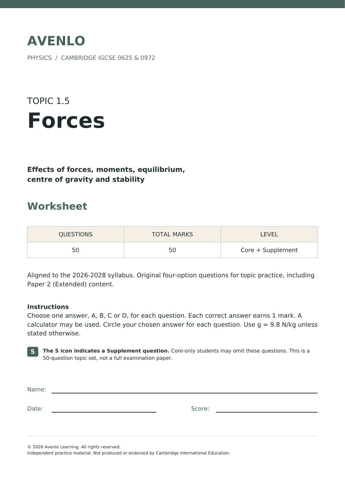 CIE IGCSE Physics: 1.5 Forces - Multiple Choice Questions cover