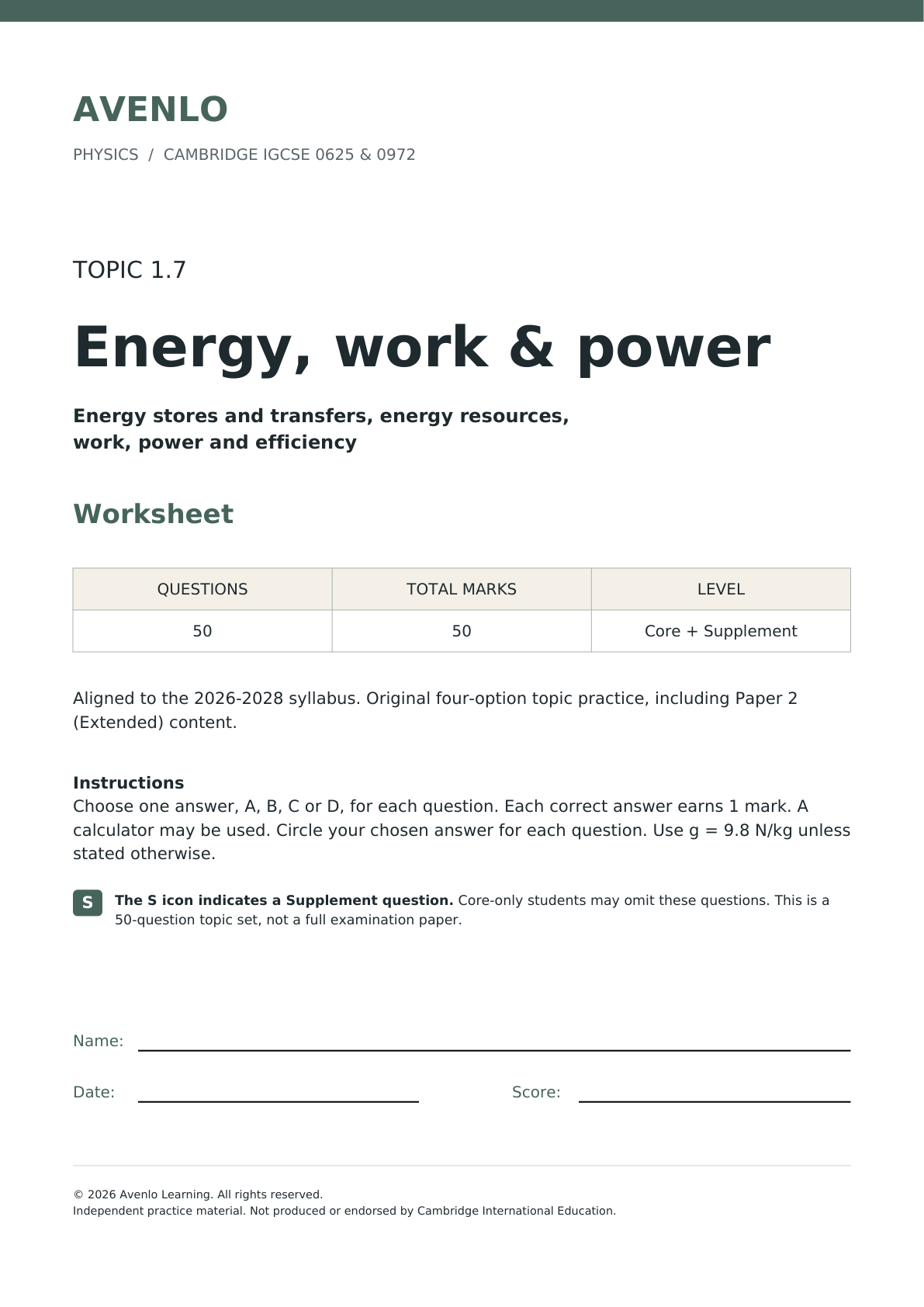 CIE IGCSE Physics: 1.7 Energy, Work and Power - Multiple Choice Questions cover