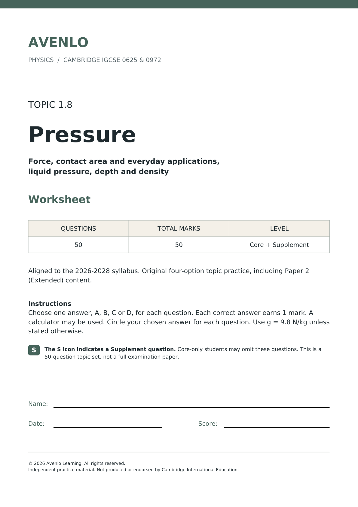 CIE IGCSE Physics: 1.8 Pressure - Multiple Choice Questions cover
