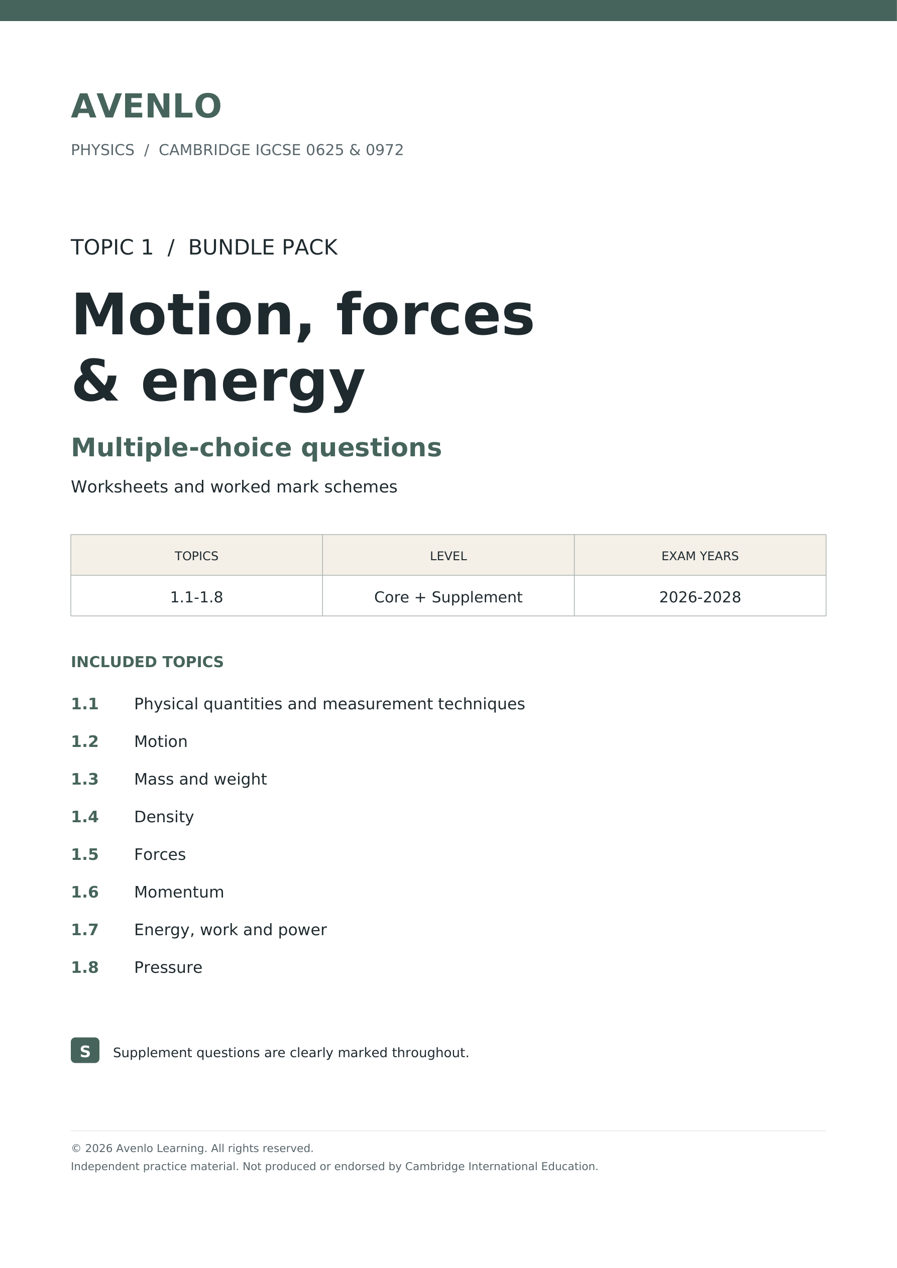 CIE IGCSE Physics: Topic 1 Motion, Forces & Energy - Multiple Choice Worksheet Bundle cover