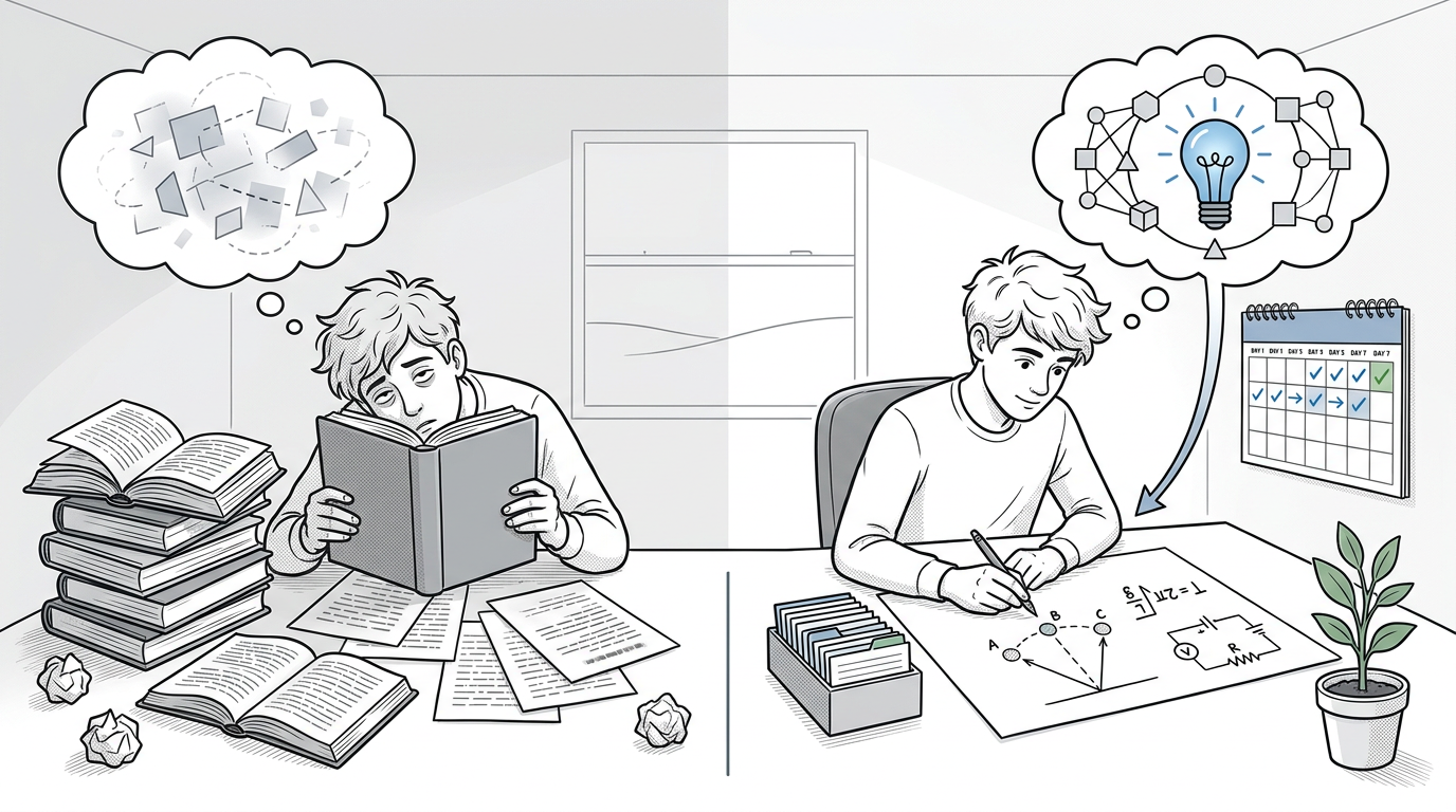 Educational illustration explaining Use active recall instead of repeated rereading in How to Revise Effectively for CIE IGCSE Physics Paper 4