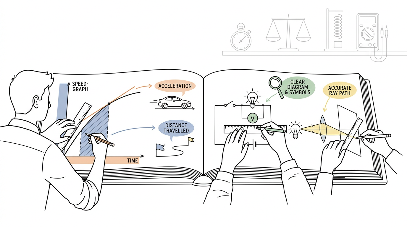 Educational illustration explaining Do not neglect graphs and diagrams in How to Revise Effectively for CIE IGCSE Physics Paper 4