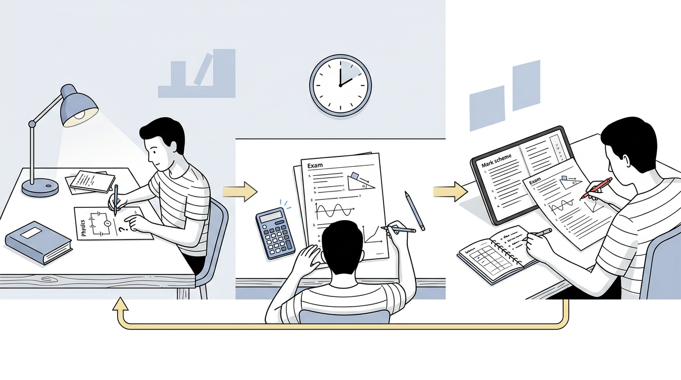 Educational illustration explaining How should you use past papers and mark schemes? in How to Revise Effectively for CIE IGCSE Physics Paper 4