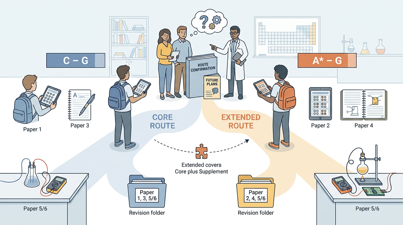 Educational illustration explaining Which papers do Core and Extended students take? in How Is Cambridge IGCSE Physics 0625 Assessed?