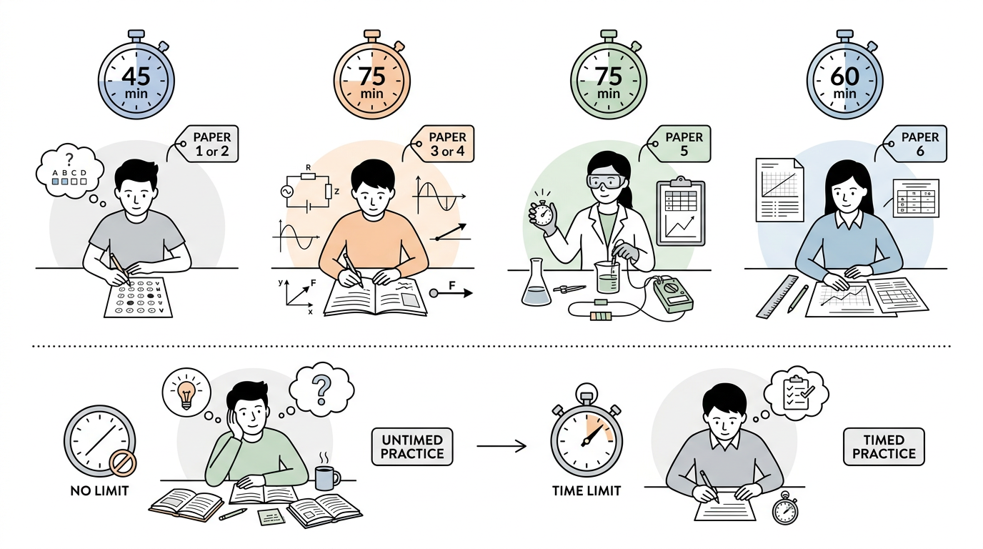 Educational illustration explaining How long are the papers? in How Is Cambridge IGCSE Physics 0625 Assessed?