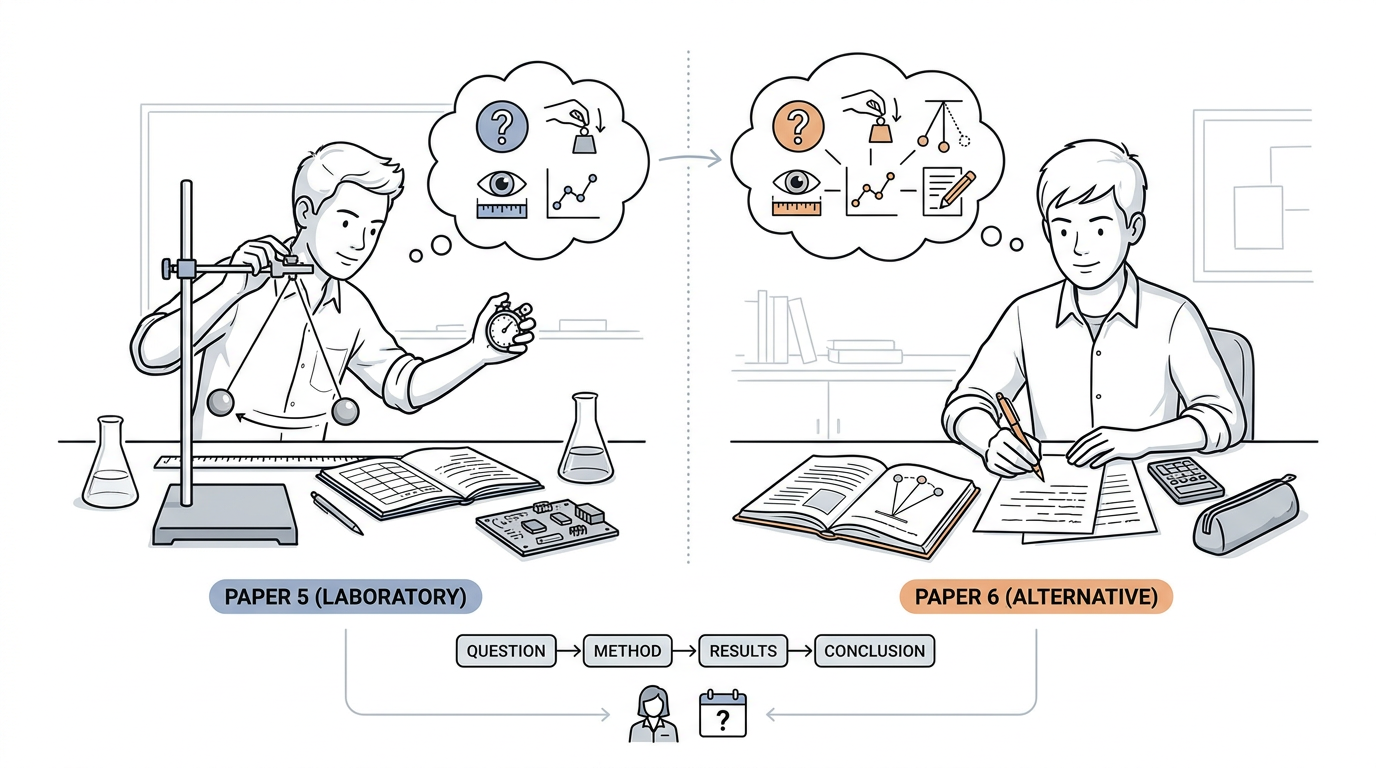 Educational illustration explaining What is the difference between Paper 5 and Paper 6? in How Is Cambridge IGCSE Physics 0625 Assessed?