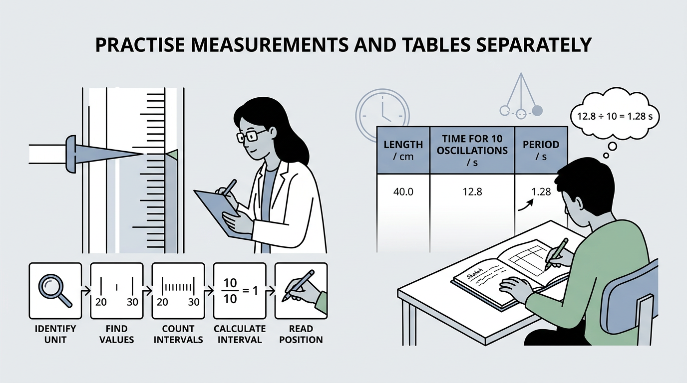 Educational illustration explaining 2. Practise measurements and tables separately in How to Score Full Marks in Cambridge IGCSE Physics Paper 6