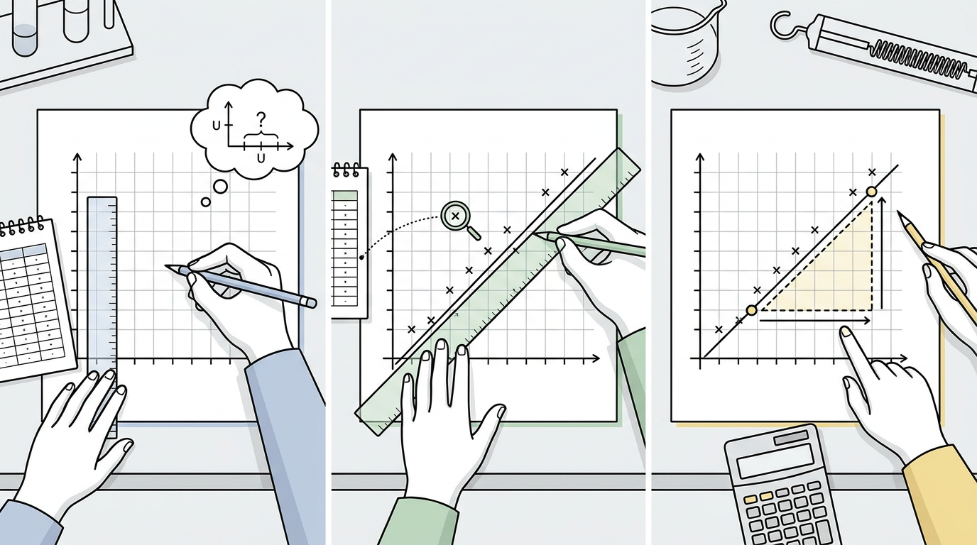 Educational illustration explaining 4. Use a deliberate graph routine in How to Score Full Marks in Cambridge IGCSE Physics Paper 6
