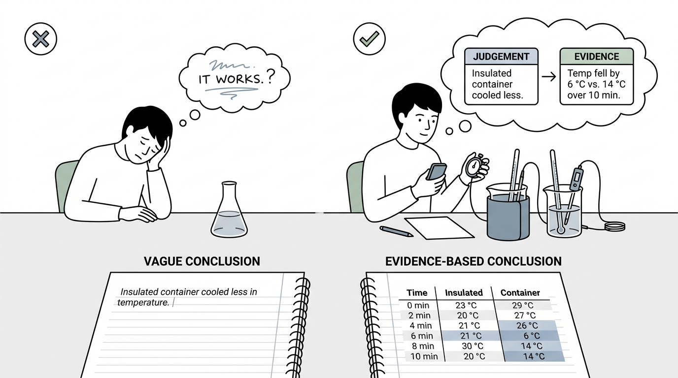 Educational illustration explaining 5. Write conclusions around evidence in How to Score Full Marks in Cambridge IGCSE Physics Paper 6