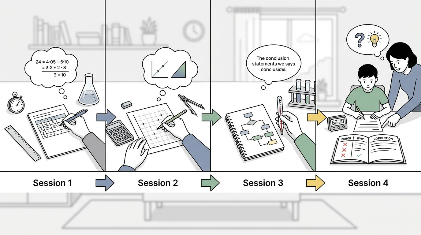 Educational illustration explaining 8. Revise through correction, not just completion in How to Score Full Marks in Cambridge IGCSE Physics Paper 6
