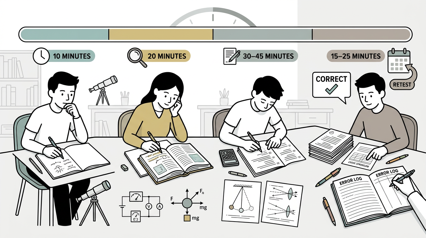 Educational illustration explaining How should a daily revision session work? in CIE IGCSE Physics 0625: 30-Day Revision Plan for Oct/Nov 2026