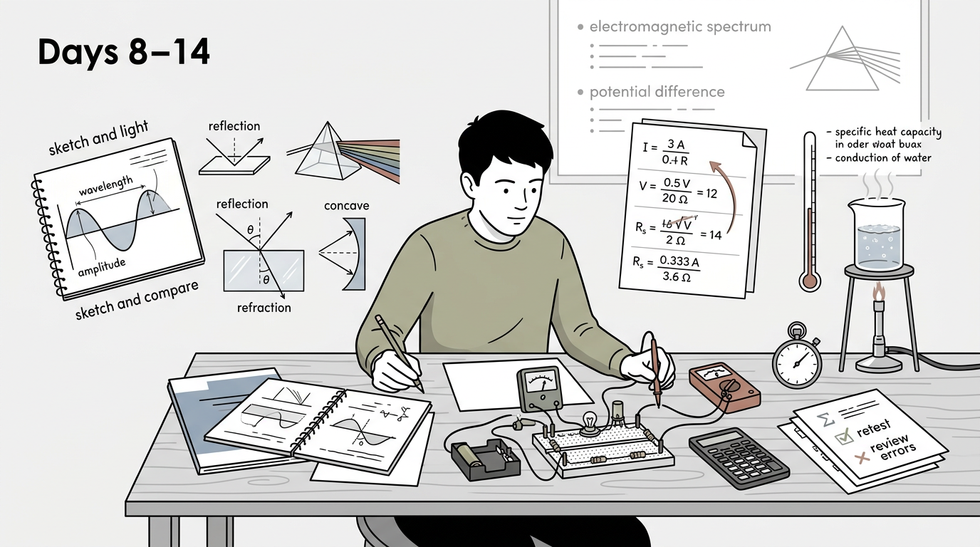 Educational illustration explaining Days 8–14: Review thermal physics, waves and circuits in CIE IGCSE Physics 0625: 30-Day Revision Plan for Oct/Nov 2026