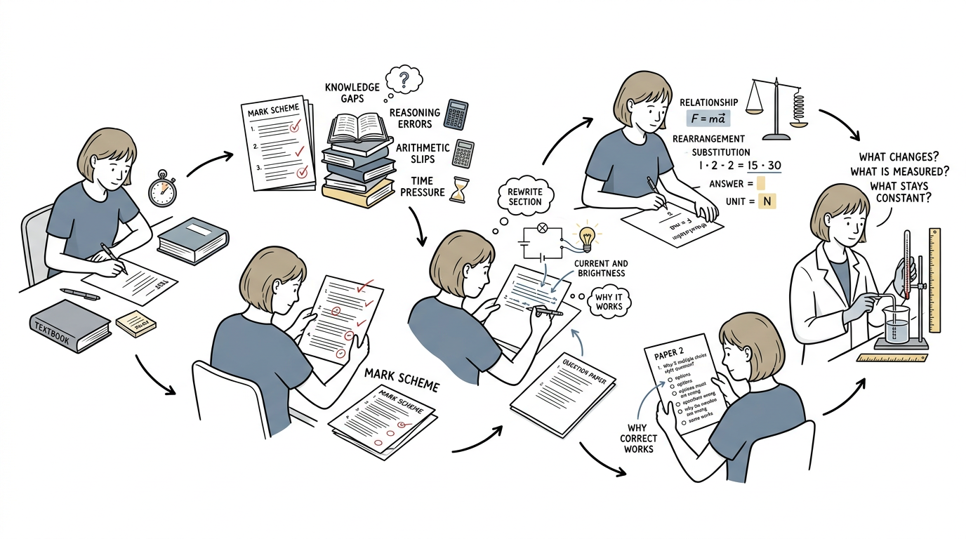 Educational illustration explaining How should you use past papers and mark schemes? in CIE IGCSE Physics 0625: 30-Day Revision Plan for Oct/Nov 2026