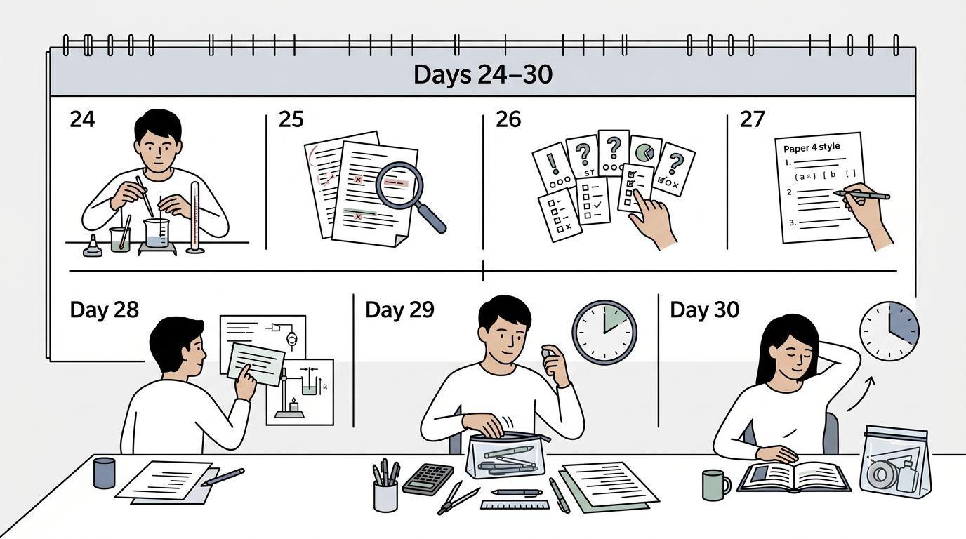 Educational illustration explaining Days 24–30: Consolidate and prepare for the first exam in CIE IGCSE Physics 0625: 30-Day Revision Plan for Oct/Nov 2026