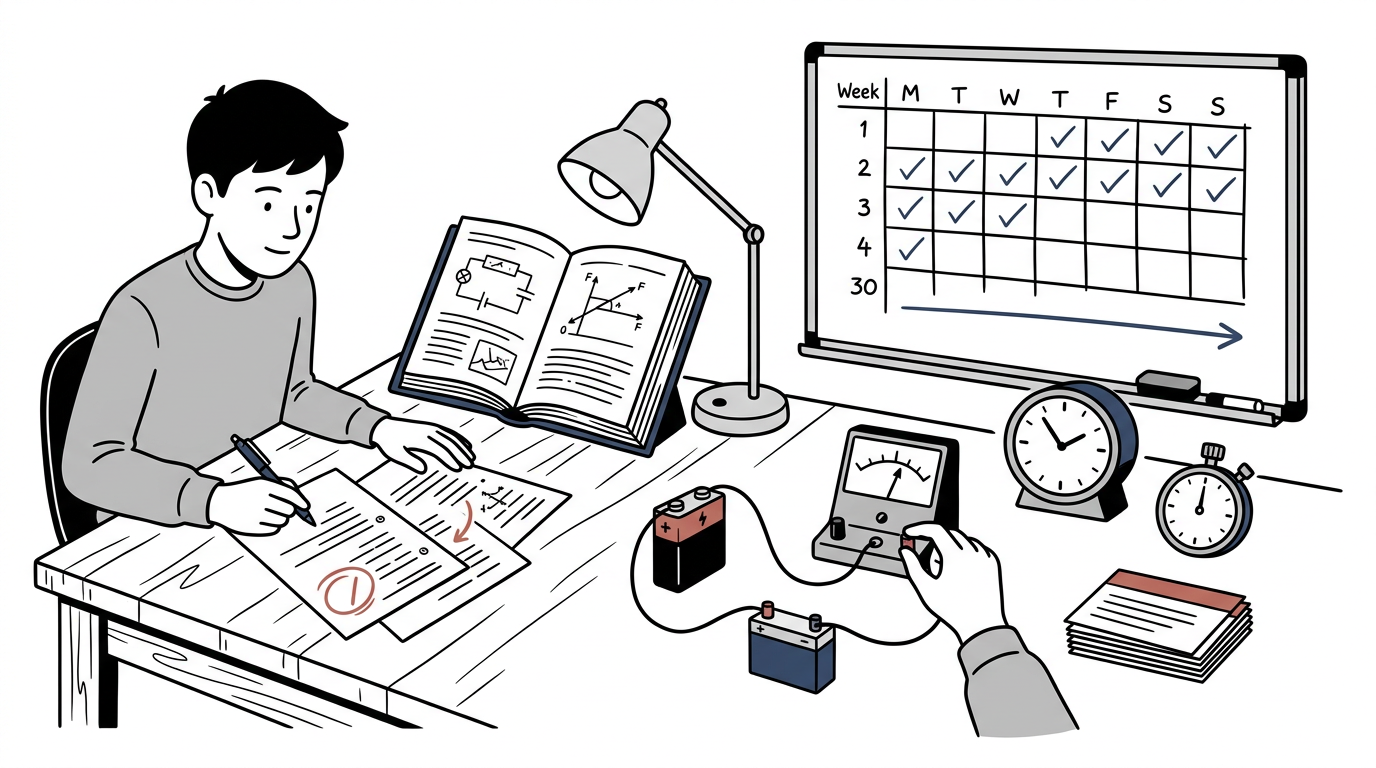 Educational illustration explaining Summary: Recall, practise, correct and retest in CIE IGCSE Physics 0625: 30-Day Revision Plan for Oct/Nov 2026
